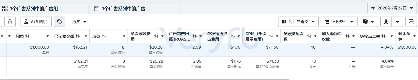 单日预算1000美金广告组的成效与广告花费回报截图