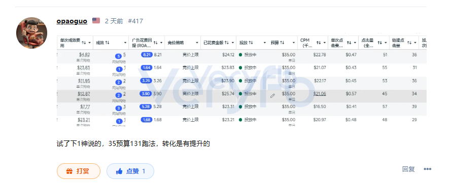 论坛楼层截图：35预算竞价上限跑法的广告系列数据