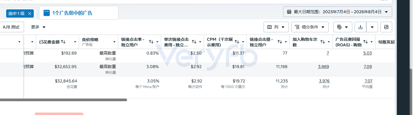 跑了一年多的广告系列长期数据，含花费、购物转化价值与广告花费回报