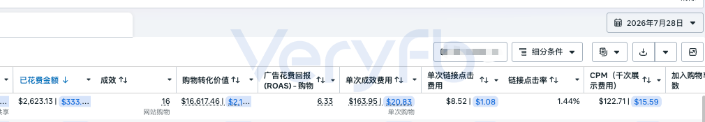 7月28日广告数据,花费2,623.13美元、16次购物、购物转化价值16,617.46美元、ROAS 6.33