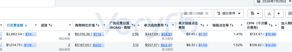 7月29日广告数据,两条广告分别为6单ROAS 3.36与2单ROAS 3.12