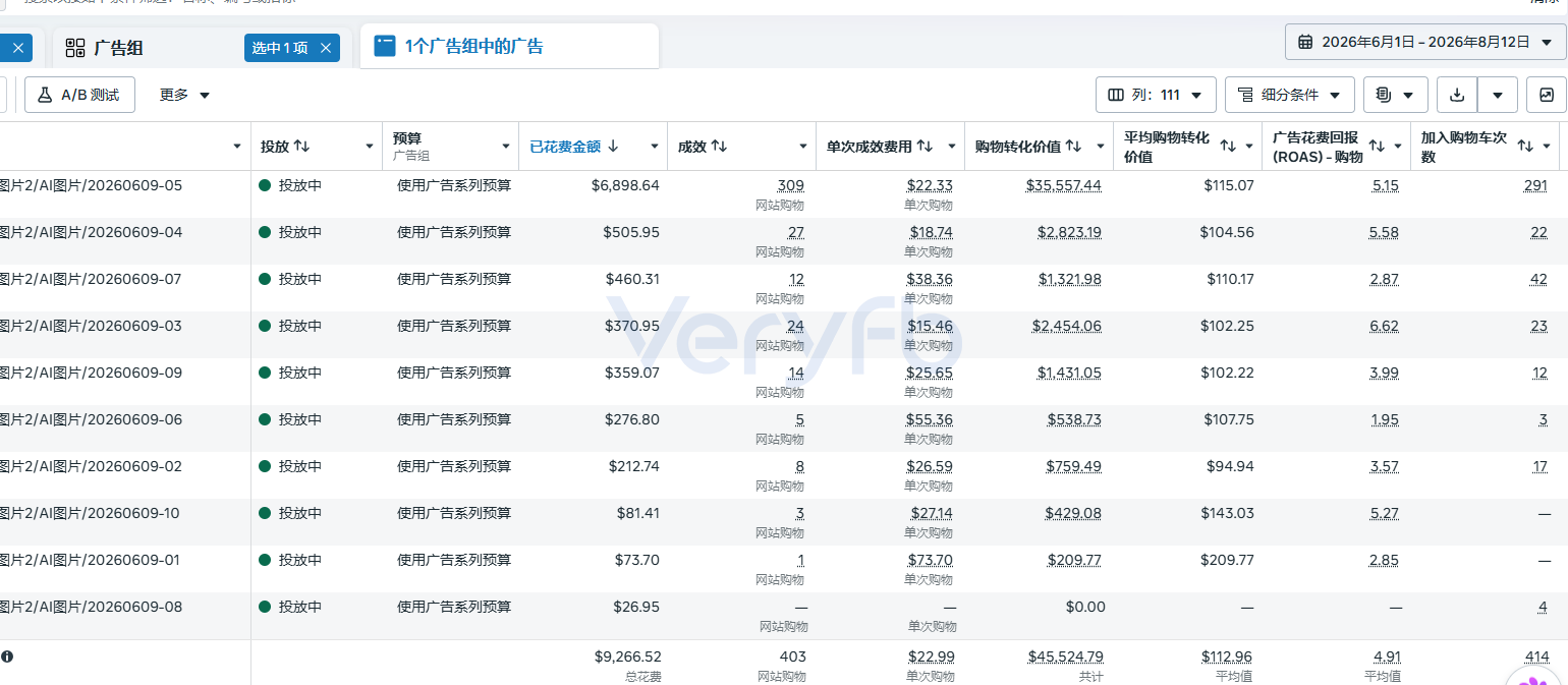 AI图片广告系列6月1日至8月12日数据,总花费9,266.52美元、403次网站购物、平均ROAS 4.91