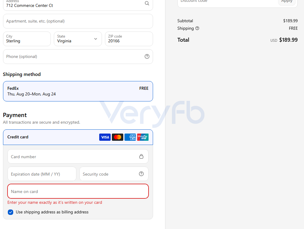 Shopify结账页面,商品小计189.99美元、FedEx免运费、信用卡填写区域