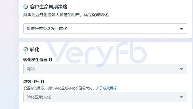 Facebook广告后台转化设置显示成效目标为转化量最大化